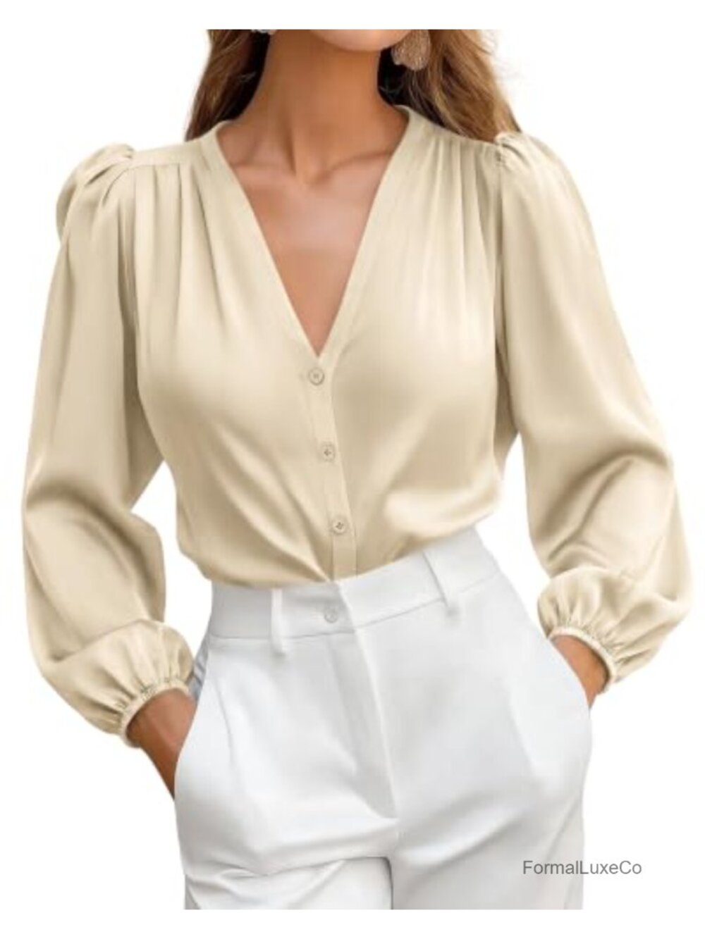 Satin Button Down Blouse V-Neck Puff Sleeve Dressy Top